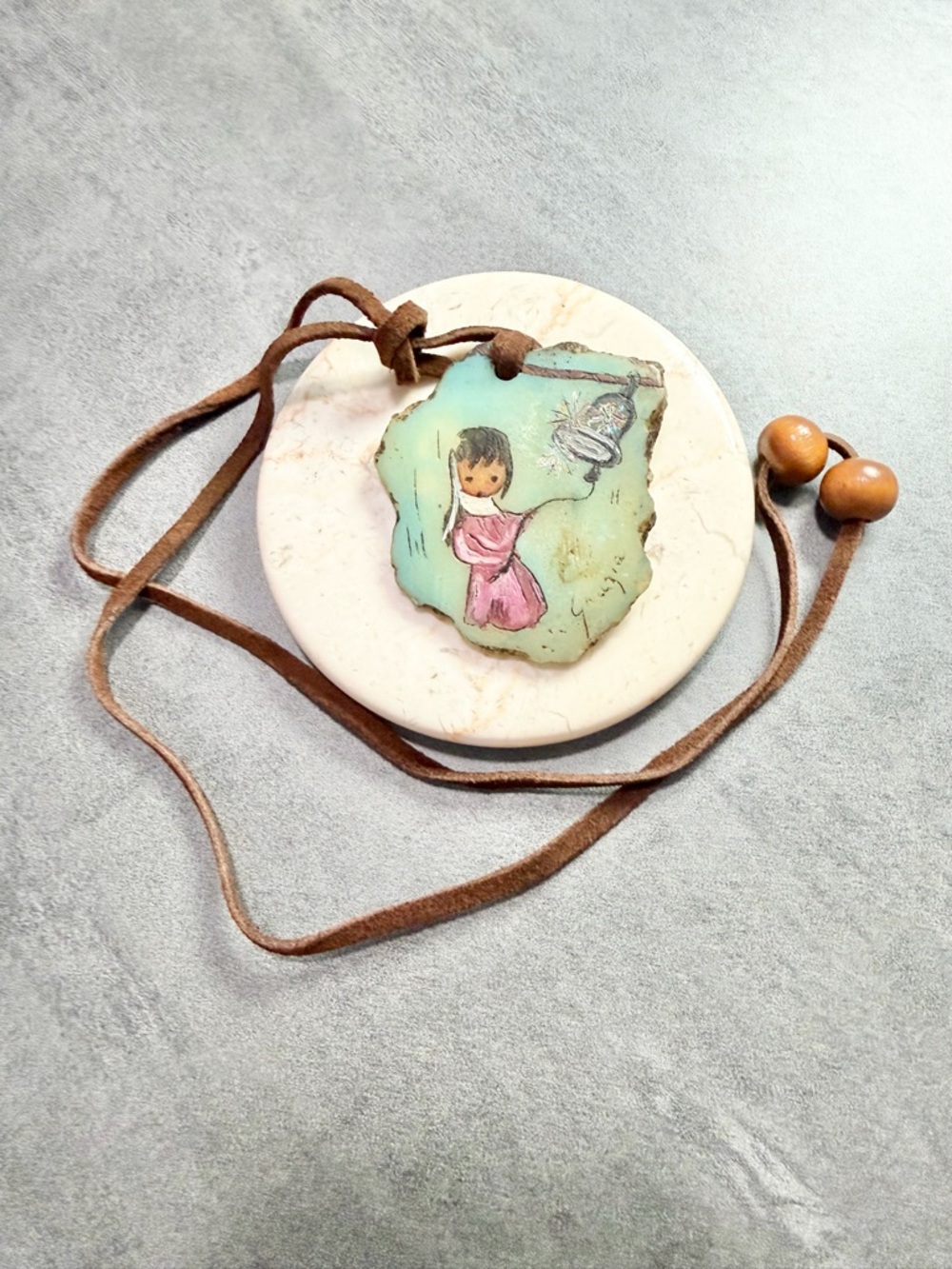 Vintage DeGrazia Hand-Painted Necklace Resin Pendant South Western Leather Cord